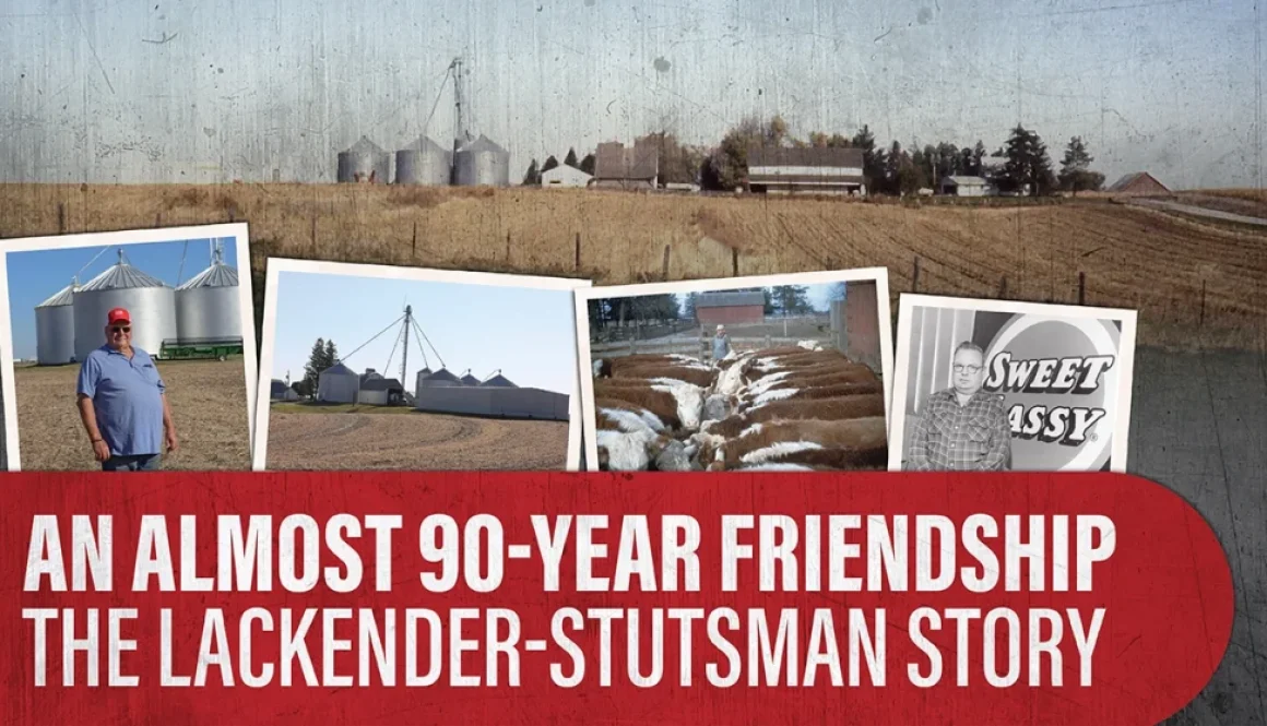 Compilation of photos including Doug Lackender in front of grain bins, Doug Lackender's farm, Roy Lackender with Hereford cattle, and Eldon Stutsman in front of Sweet Lassy Feeds sign