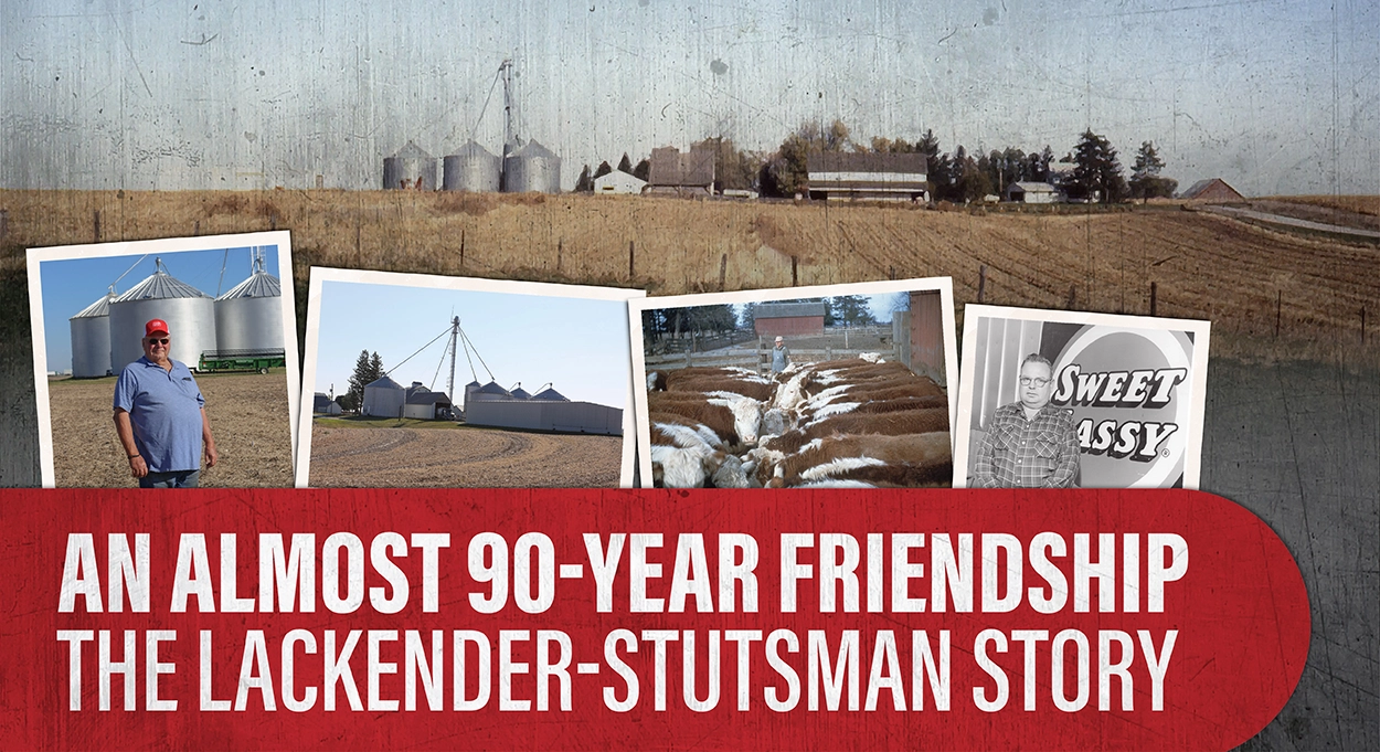 Compilation of photos including Doug Lackender in front of grain bins, Doug Lackender's farm, Roy Lackender with Hereford cattle, and Eldon Stutsman in front of Sweet Lassy Feeds sign